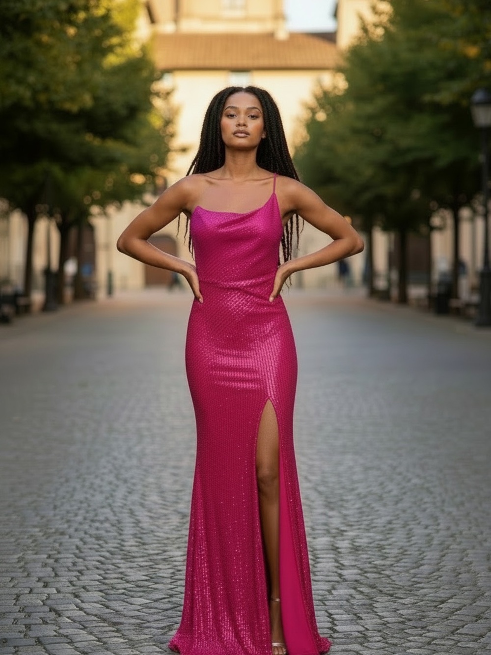 Windsor Hot Pink Sequin Slip Gown with Thigh Slit. Women’s Size Medium